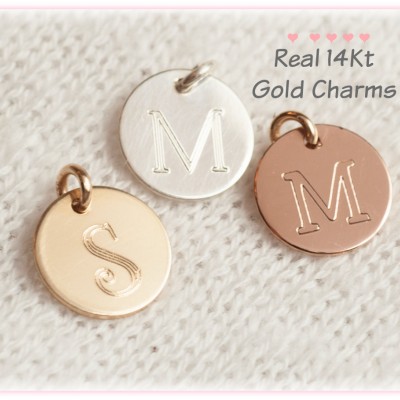 14Kt Gold Initial Charm, Real Gold Charm, Solid Gold Charm,  Initial Necklace, Disc, Monogram, Real Gold Initial,  Pendant, Personalized