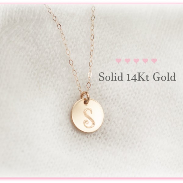 14Kt Gold Initial Necklace, Solid Gold Charm Initial Necklace, Real Gold Initial Necklace, 18kt Gold Necklace, Personalized, Disc, Initial