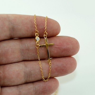 Sideways Cross Necklace with CZ  Sterling Silver- Celebrity Style - Delicate Cross Necklace, Horizontal Cross Necklace, Off Center Cross