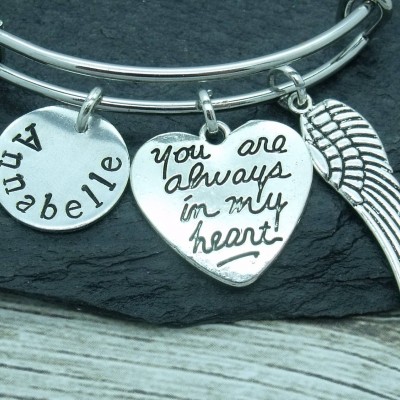 Always in my heart angel wing hand stamped bracelet, bereavement bracelet, angel wing jewellery, remembrance gift, memorial bracelet, loss