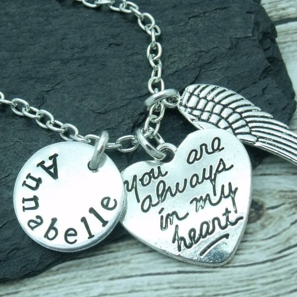 Always in my heart bereavement necklace, bereavement hand stamped necklace, angel wing jewellery, angel wing gift, angel wing pendant