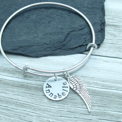 Angel wing hand stamped adjustable bangle, angel wing bracelet, bereavement bracelet, angel wing jewellery, personalised gift, remembrance