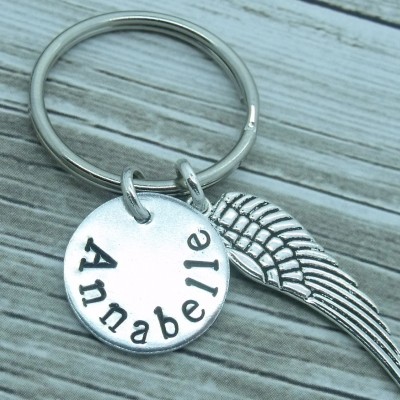 Angel wing hand stamped keyring, bereavement keychain, angel wing keychain, personalised angel wing gift, name gift, custom name word text
