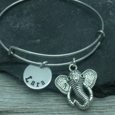 Elephant hand stamped adjustable bangle, elephant bracelet, elephant jewellery, elephant gift, personalised gift, elephant name