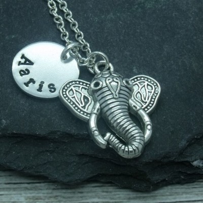 Elephant hand stamped necklace, elephant jewellery, elephant necklace, elephant gift, elephant pendant, personalised elephant gift