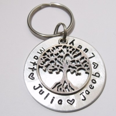 Family Tree Keyring, Personalised Family Name Keyring, Silver Handstamped Gift For Her / Him, Bag Charm, Tree Of Life, Birthday, Anniversary