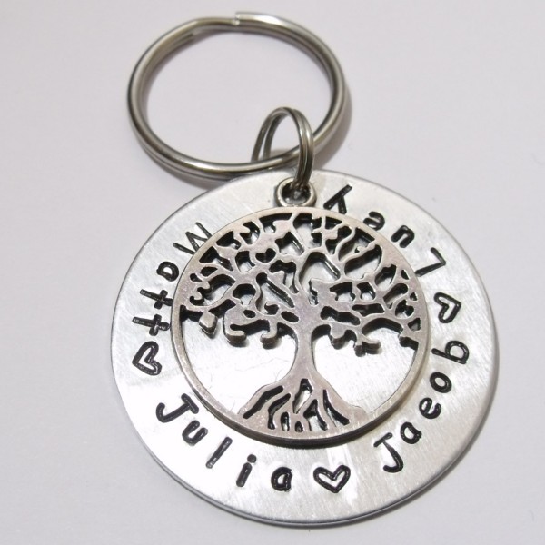 Family Tree Keyring, Personalised Family Name Keyring, Silver Handstamped Gift For Her / Him, Bag Charm, Tree Of Life, Birthday, Anniversary