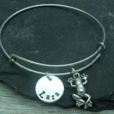 Frog hand stamped adjustable bangle, frog bracelet, frog jewellery, frog gift, personalised gift, frog name