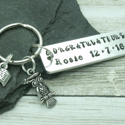 Graduation Gift, Graduation Keychain / Keyring, Gift For Graduate, Congratulations on Passing Exams, Personalised Hand Stamped Gift, Owl
