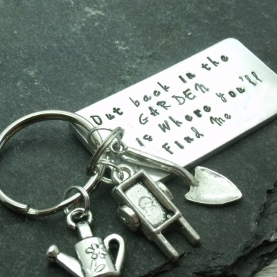 Hand Stamped Garden Keychain / Keyring, Gift For Gardener, Gift for Dad, Grandad Grandpa, Gardening Gift for Her / Him,  Spade, Watering Can