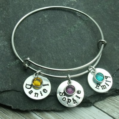 Hand Stamped Name and Birthstone Bangle, Mother's Bracelet, Children's Names, Name Bangle, Gift for Mother, Nana, Grandma, Personalised Name