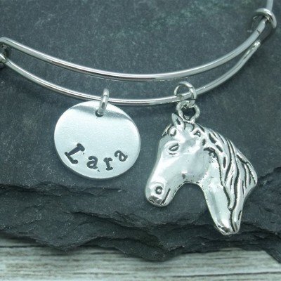 Horse hand stamped adjustable bangle, horse bracelet, horse jewellery, horse gift, personalised gift, horse name, equestrian bangle