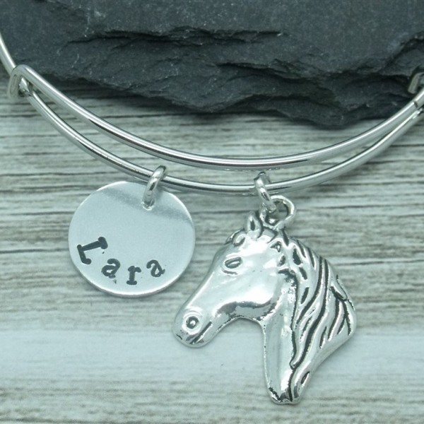 Horse hand stamped adjustable bangle, horse bracelet, horse jewellery, horse gift, personalised gift, horse name, equestrian bangle