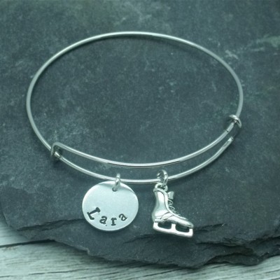 Ice skating boot hand stamped adjustable bangle, ice skate bracelet, skating jewellery, ice skating gift, ice skate personalised gift