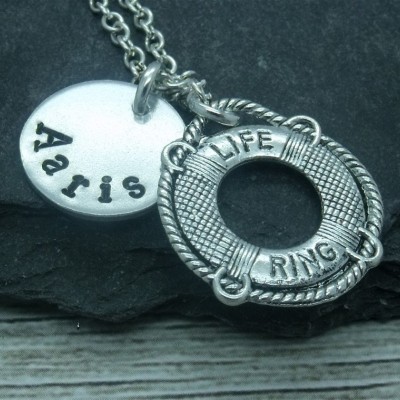 Life ring hand stamped necklace, life guard jewellery, life guard necklace, personalised life guard gift, life guard pendant