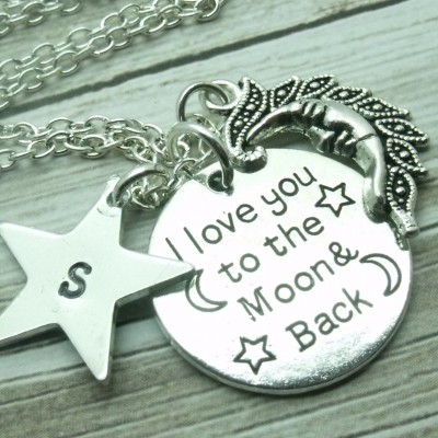 Love You To The Moon & Back Necklace, Personalised Necklace, Mum Mom Grandma Necklace, Children's Jewelry, Gift, Initial, Name, Moon Stars