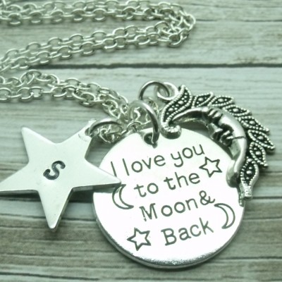 Love You To The Moon & Back Necklace, Personalised Necklace, Mum Mom Grandma Necklace, Children's Jewelry, Gift, Initial, Name, Moon Stars