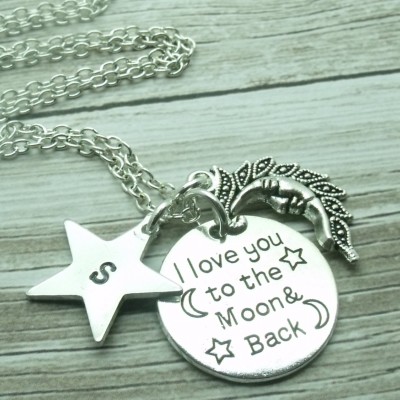 Love You To The Moon & Back Necklace, Personalised Necklace, Mum Mom Grandma Necklace, Children's Jewelry, Gift, Initial, Name, Moon Stars