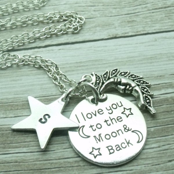 Love You To The Moon & Back Necklace, Personalised Necklace, Mum Mom Grandma Necklace, Children's Jewelry, Gift, Initial, Name, Moon Stars