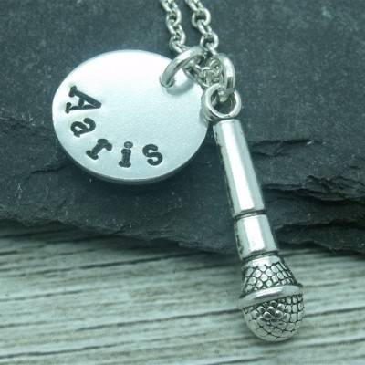 Microphone hand stamped necklace, microphone jewellery, microphone necklace, personalised microphone gift, microphone pendant, kareoke