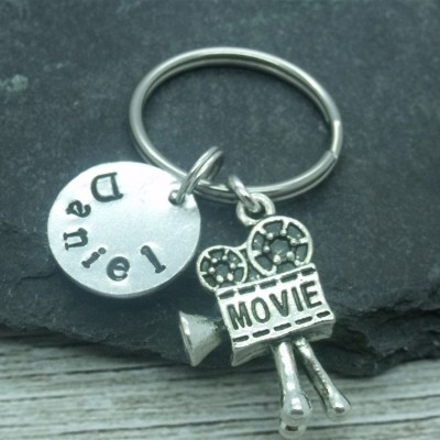 Movie camera hand stamped keyring, movie camera keyring, movie camera keychain, film director personalised gift, custom name word