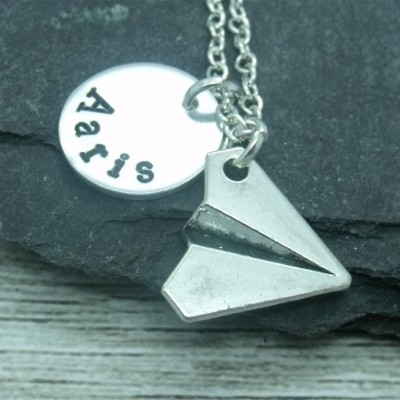 Paper plane hand stamped necklace, paper plane jewellery, paper plane necklace, personalised paper plane gift, paper plane pendant