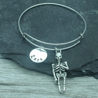 Skeleton hand stamped adjustable bangle, skeleton bracelet, skeleton jewellery, skeleton gift, personalised gift, skeleton name