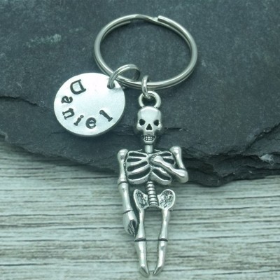 Skeleton hand stamped keyring, skeleton keychain, skeleton keyring, personalised skeleton gift, name gift, custom name word