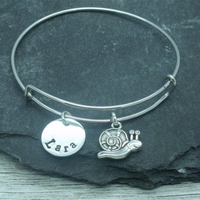 Snail hand stamped adjustable bangle, snail bracelet, snail jewellery, snail gift, personalised gift, snail name