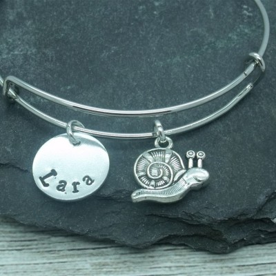 Snail hand stamped adjustable bangle, snail bracelet, snail jewellery, snail gift, personalised gift, snail name