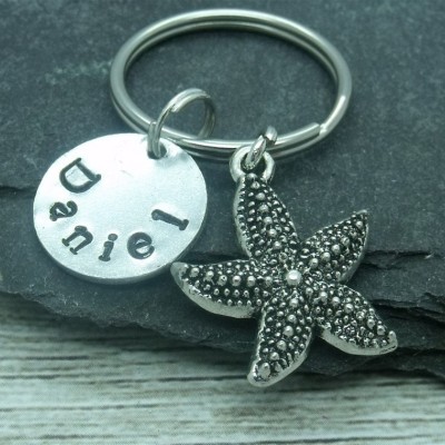 Star fish hand stamped keyring, star fish keychain, star fish keyring, personalised star fish gift, name gift, custom name word