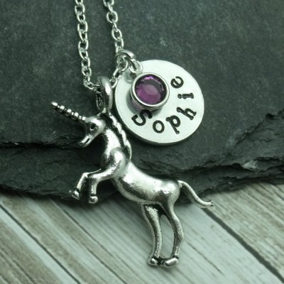 Unicorn Name and Birthstone Necklace, Unicorn Jewellery, Unicorn Gift, Children's Necklace Gift, Fantasy Gift, Fairytale, Little Girl