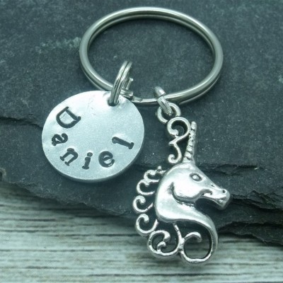 Unicorn hand stamped keyring, unicorn keychain, unicorn keyring, personalised unicorn gift, name gift, custom name word