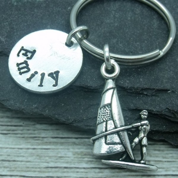 Windsurfer hand stamped keyring, windsurfer keychain, windsurfing keyring, windsurfer personalised name gift, custom name word