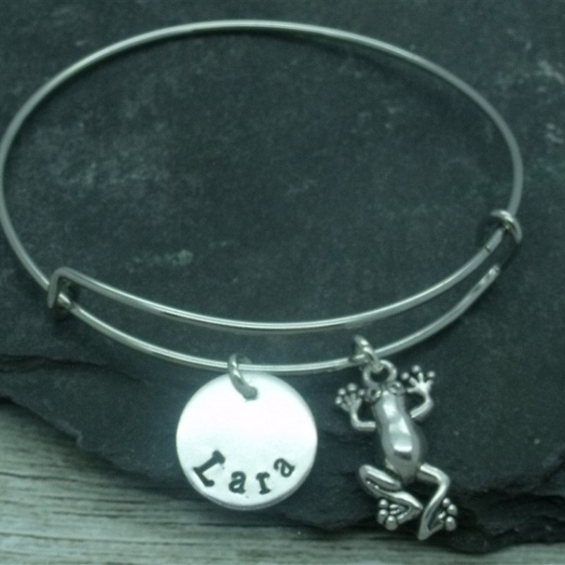 Frog hand stamped adjustable bangle, frog bracelet, frog jewellery
