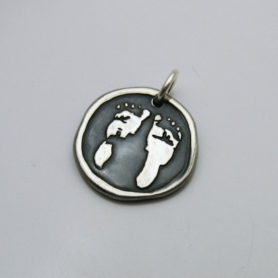 Baby's Footprint Jewelry, Silver Pendant Embossed with Footprints, Foot Print Jewelry, Baby Prints, Mommy Jewelry, Memorial Jewelry