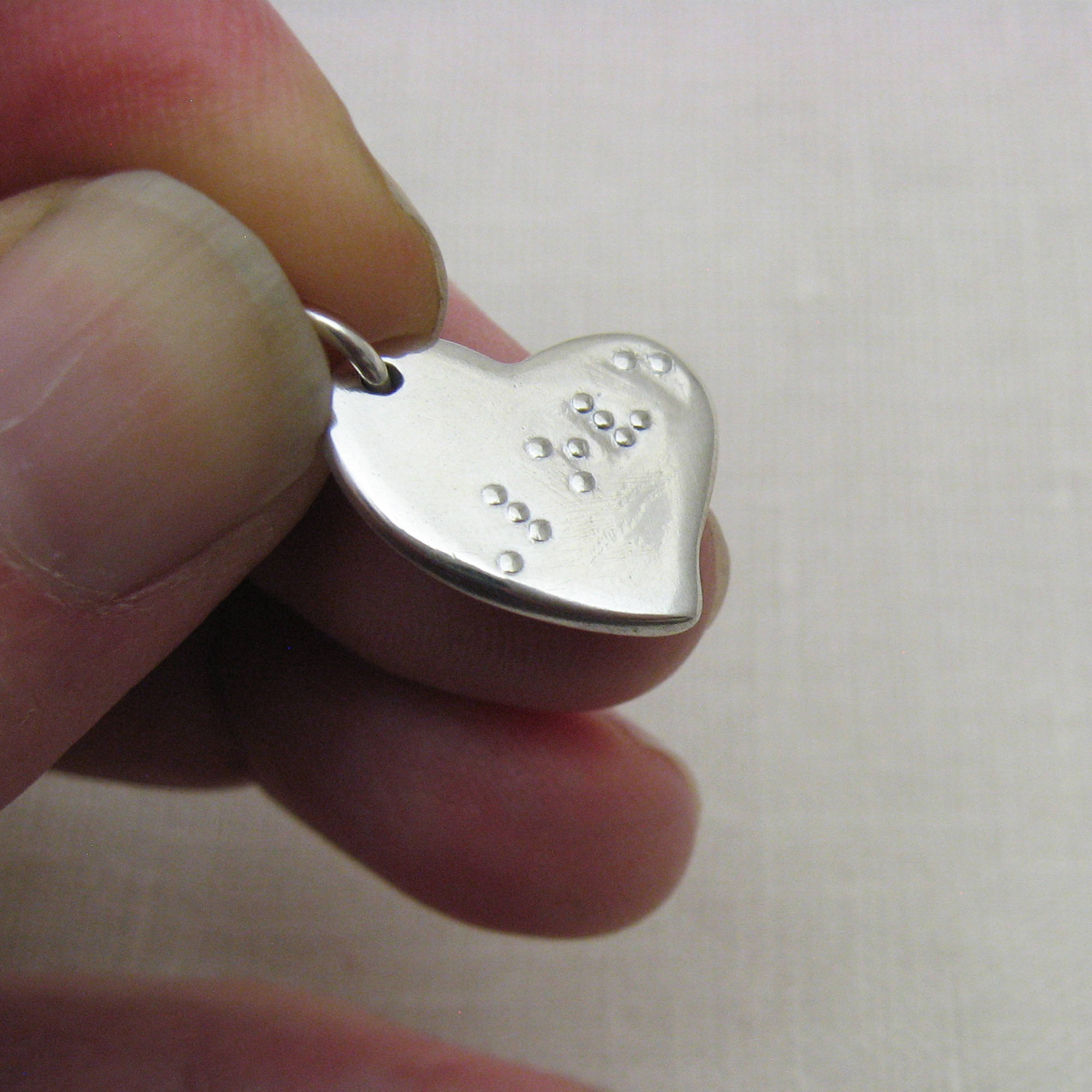 Custom Braille Jewelry, Silver Braille Charm, Asymmetrical Heart Charm