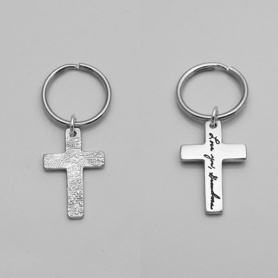 Double-Sided Sterling Silver Cross Fingerprint Keychain, Fingerprint Cross, Silver Cross, Personalized Keychain, Gift for Men, Memorial Key
