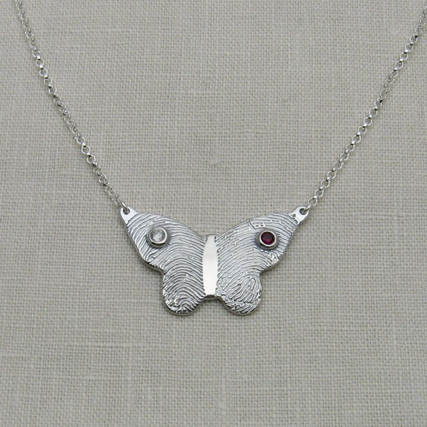 Fingerprint Necklace, Butterfly Necklace with Fingerprints and Birthstones, Silver Fingerprint Jewelry, Personalized Butterfly Necklace