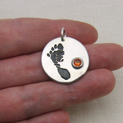Footprint Jewelry, Footprint Charm with Birthstone, Baby's Footprints Jewelry, Personalized Silver Charm, Silver Footprint, Memorial Charm