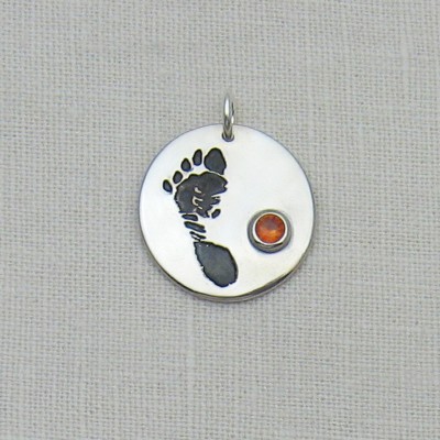 Footprint Jewelry, Footprint Charm with Birthstone, Baby's Footprints Jewelry, Personalized Silver Charm, Silver Footprint, Memorial Charm