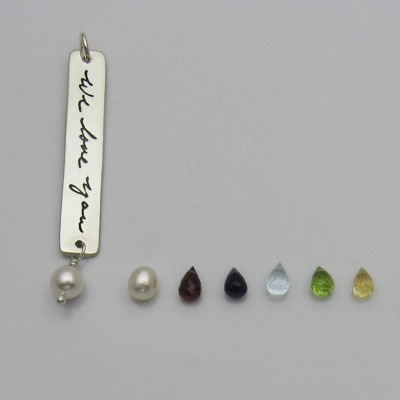 Handwriting Jewelry Bar Pendant with Pearl or Faceted Gemstone Briolette, Birthstone Jewelry, Semi-Precious Gemstone, Pearl Jewelry, Custom