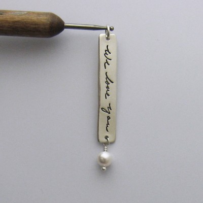Handwriting Jewelry Bar Pendant with Pearl or Faceted Gemstone Briolette, Birthstone Jewelry, Semi-Precious Gemstone, Pearl Jewelry, Custom