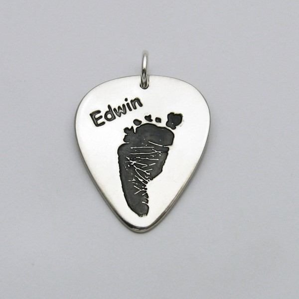Men's Footprint Jewelry, Guitar Pick Jewelry, Footprint Guitar Pick, Silver Guitar Pick, Baby Footprint for Men, Personalized Footprint