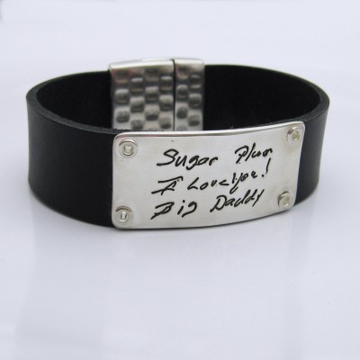 Men's Handwriting Jewelry, Sterling Silver and Leather Bracelet, Personalized Signature Keepsake, Gift for Dad or Brother, Memorial Jewelry