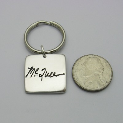Personalized Keychain, Handwriting Keychain, Silver Handwriting Keychain, Silver Key Chain, Silver Square Keychain, Gift for Men, Men's Gift