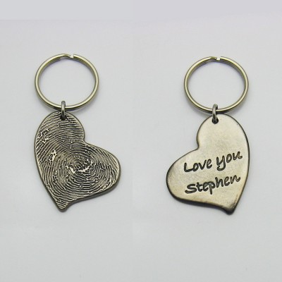 Rustic Metal Heart Fingerprint Keychain, Dark Silver Fingerprint Heart Keychain, Fingerprint Jewelry, Fingerprint Memorial Keepsake, Custom
