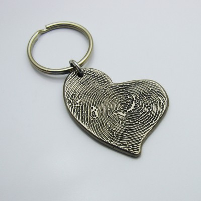 Rustic Metal Heart Fingerprint Keychain, Dark Silver Fingerprint Heart Keychain, Fingerprint Jewelry, Fingerprint Memorial Keepsake, Custom