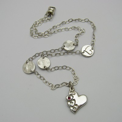 Silver Fingerprint Necklace, Silver Birthstone Necklace, Silver Heart Necklace, Fingerprint and Birthstone Necklace, Heart with Birthstones