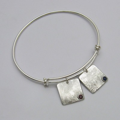 Silver Square Fingerprint with Birthstone Charm Bangle Bracelet, Fingerprint Jewelry, Birthstone Jewelry, Fingerprint and Birthstone